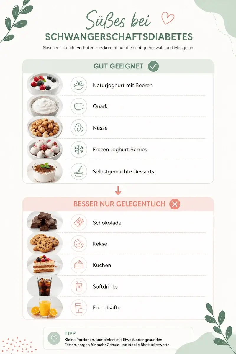 Infografik Süßes bei Schwangerschaftsdiabetes Süßes bei Schwangerschaftsdiabetes – geeignete Alternativen und Lebensmittel, die besser nur gelegentlich gegessen werden